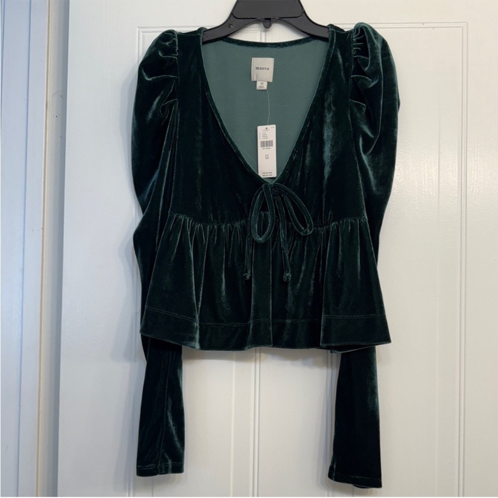 Anthropologie Maeve Velvet Babydoll Top Dark Green Blouse Tie Front XS NWT - Picture 8 of 14
